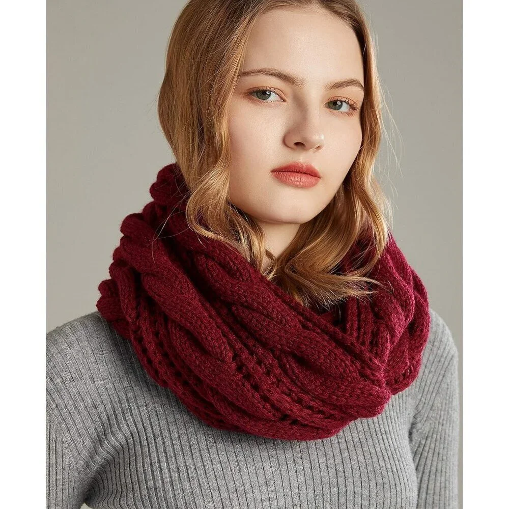 Women's Twist Claret Thick Ribbed Knit Winter Infinity Circle Loop Scarf